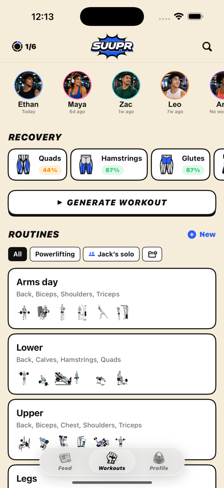 SUUPR home screen with your crew training live
